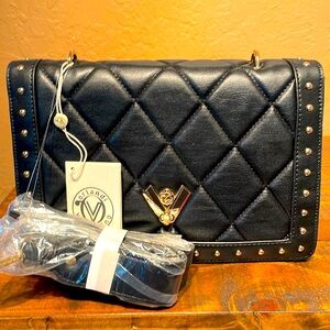 NWT Orlandi Valentino Black Quilted Diamond Vegan Leather Crossbody MSRP $299